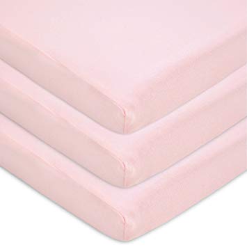 American Baby Company 100% Natural Cotton Value Jersey Knit Fitted Portable/Mini-Crib Sheet, Pink, 24" x 38" x 5", Soft Breathable, for Girls, Pack of 3