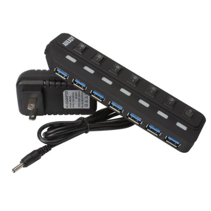 AllEasy 7 Port Powered USB 3.0 Network Hub, USB Hub 3.0 with Individual ON/OFF Sharing Power Switches and 5V 2A Power Supply AC Adapter