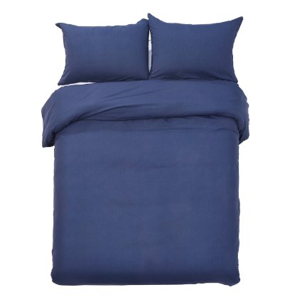 Word of Dream Brushed Microfiber Solid Duvet Cover Sets 3 PC, Luxury Soft, Full/Queen - Navy