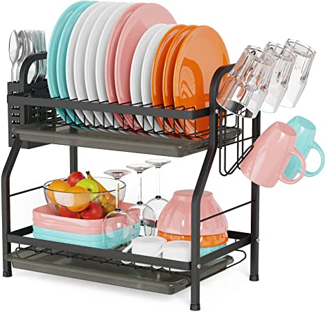 Dish Drying Rack, Cambond 2 Tier Dish Rack with Drainboard Set, Utensil Holder, Cup Glass Holder, Rustproof Dish Drainer for Kitchen Countertop, Black