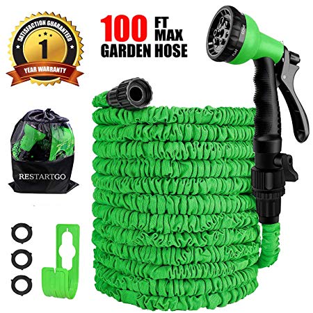 Restartgo 100FT Garden Hose Reel Expandable 3 Times TPE Super-Strength High Pressure Flexible Water Hose,8-Function High-Pressure Spray Nozzle with 3/4" Solid Fittings Comes with Free Hose Holder