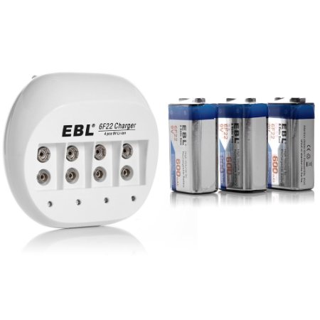 EBL 855 4 Bay 9V Li-ion Battery Charger with 3 Pack 600mAh 9 Volt 6F22 Low Self-Discharge Lithium-ion Rechargeable Batteries