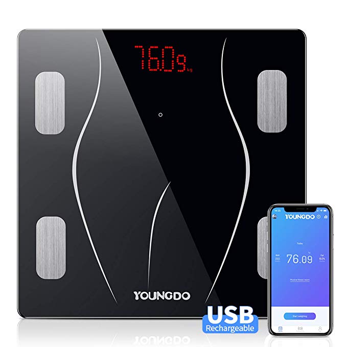 Bluetooth Body Fat Scale,YOUNGDO Smart Digital Weighing Scale 23 Body Composition Monitors BMI Scales with LED Display,USB Charging,Smart APP,999 Users,Max.180kg/396lbs/28st,Black