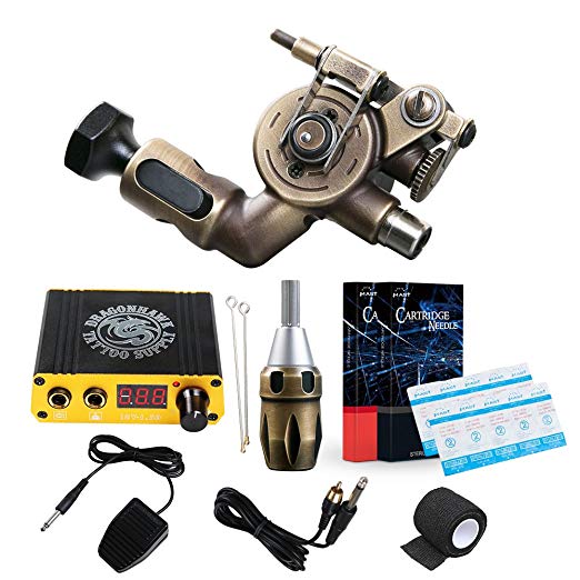 Dragonhawk Extreme X2 Brass Rotary Tattoo Machine RCA Connected 20pcs Mast Cartridges with Brass Cartridge Grip for Tattoo Artists 099 (X2 Cartridges)