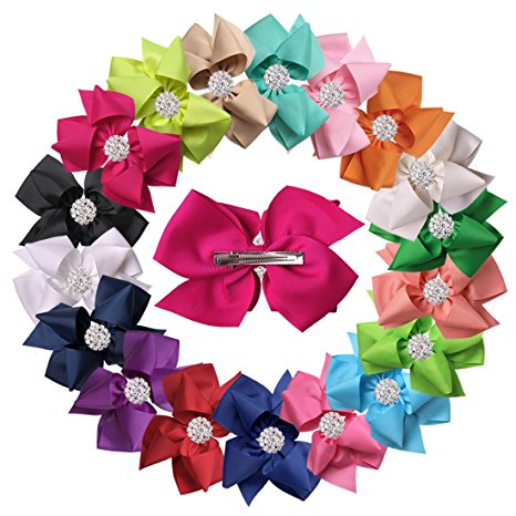 XIMA 18pcs 5inch Big Hair Bows With Alligator Clips For Girls and Women bows Clips Rhinestone Bows Diamond Bows for Kids(18pcs-5inch rhinestone bows clips)