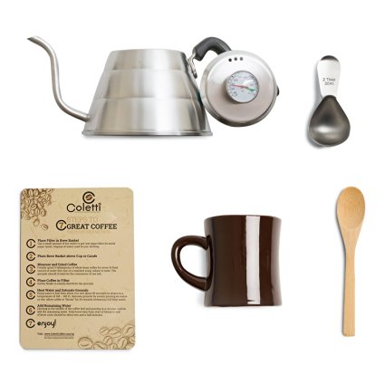 Coletti COL101 Pour Over Coffee Kettle | Tea Kettle Set - 1L Stainless Steel Gooseneck Kettle with Temperature Gauge | Set includes Coffee Scoop, Coffee Mug, Bamboo Stir Spoon & more