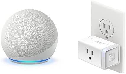 Echo Dot (5th Gen) with Clock | Glacier White with Kasa Smart Plug Mini