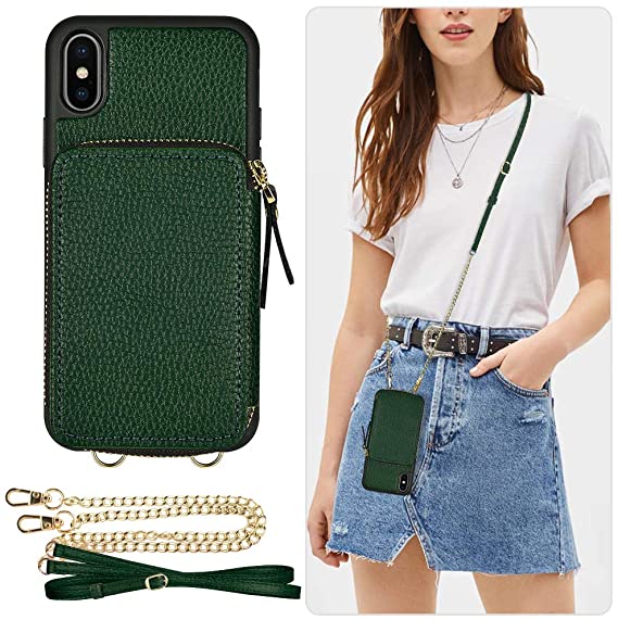 iPhone Xs Max Wallet Case, ZVE iPhone Xs Max Case with Credit Card Holder Crossbody Chain Strap Handbag Purse Shockproof Zipper Leather Case Cover for Apple iPhone Xs Max, 6.5 inch - Midnight Green