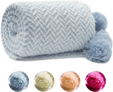 Soft Knit Throw Blanket with Pom Poms, Cozy Fluffy and Decorative Cable Knitted Blanket for Couch, Bed and Sofa, Light Blue, 50 inches X 60 inches, 2.8 LB, Pack of 1