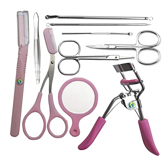 A Set Of Tools Designed For Your Beauty. 10 In 1 Eyelash Curler Eyebrow Scissors Eyebrow Comb Scissors Eyebrow Tweezer Eyebrow Razor vibrissac Scissors Ershao Makeup Mirror Acne Needle.