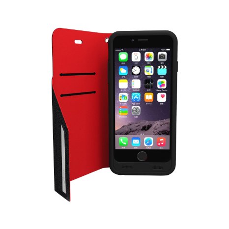 Elivebuy 3400mAh Leather Wallet Power Battery Charging Case for iPhone 6 - Retail Packaging - Black & Red