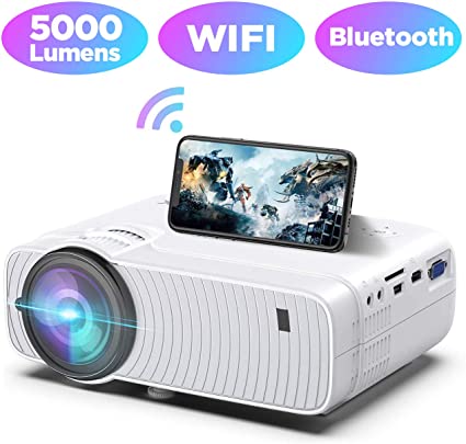 Bomaker Mini Projector, Upgrade 5000Lux Portable HDMI WiFi Bluetooth Projector, 1080P Supported,250'' Display, Compatible with TV Stick, Headphones, Speaker, PS4, PCs, iPhone, Android