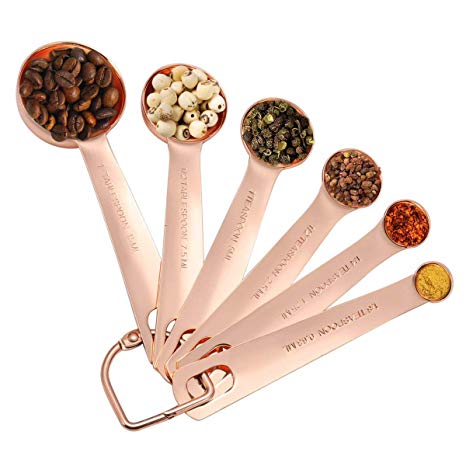 Premium Heavy gauge round Copper Measuring Spoon Set, 6 pieces – Copper Plated Stainless Steel Heavy Duty Measure Spoons with Polished Copper Finish - Rustic & Farmhouse Kitchen Décor