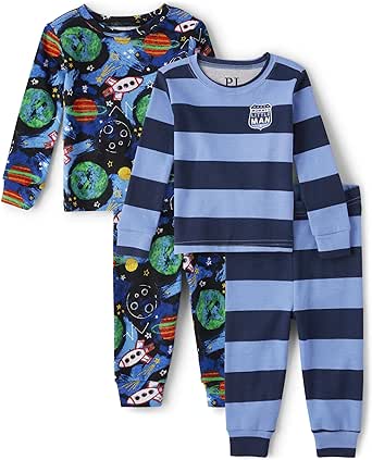 The Children's Place Baby Boys' and Toddler Long Sleeve Top and Pants Snug Fit 100% Cotton 4 Piece Pajama Set