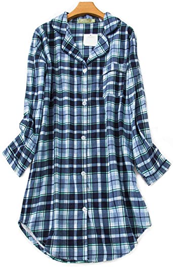 Misscoo Women's Cotton Sleep Shirt, Long Sleeve Button-Down Nightshirt ，Flannel Night Shirt (Five Sizes)