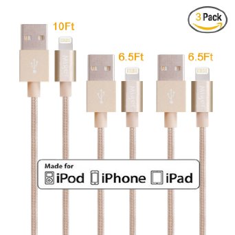 Miger 3Pack 65ft65ft10ft Nylon Braided Apple MFi Certified Lightning 8pin to USB Charge and Sync Cable for iPhone 6s6Plus5s55ciPad MiniAirPro