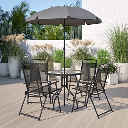 Flash Furniture GM-202012-BK-GG Nantucket 6 Piece Patio Garden Set with Table, Umbrella and 4 Folding Chairs