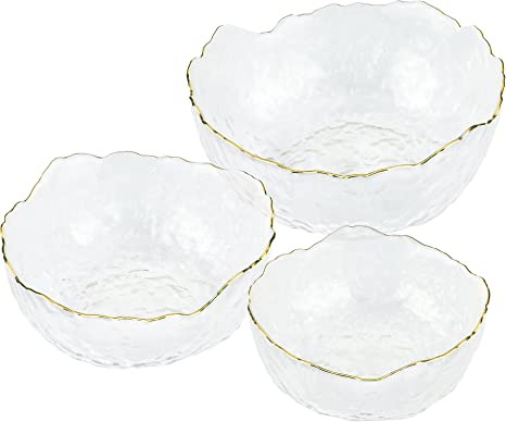 Navaris Glass Serving Bowls - Set of 3 Gold Edge Tempered Glass Dessert Bowl Dishes for Ice Cream, Jelly, Fruit, Hot, Cold Food- Small, Medium, Large