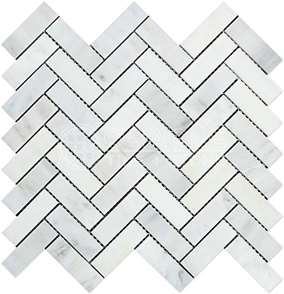 Carrara White Italian (Bianco Carrara) Marble 1 X 3 Herringbone Mosaic Tile, Honed
