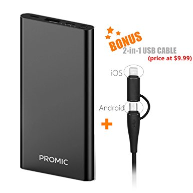 PROMIC 5000mAh Power Bank with Gifted Lightning & Micro USB Cable - 2.1A Output (High-Speed) Portable Charger for iPhone, iPad, Samsung Galaxy, Android and other Smart Devices, (Aluminum Shell, Black)