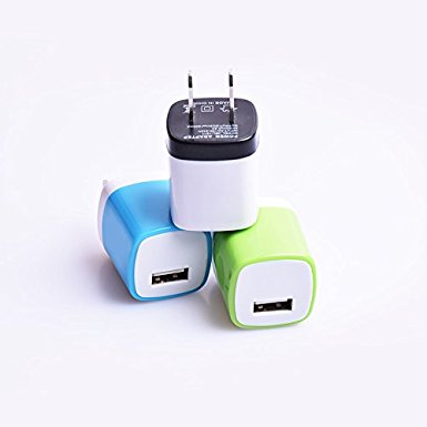 Weiup 5V/1.0AMP 1-Port USB Wall Charger -  Blue,Green, White (3-Pack)