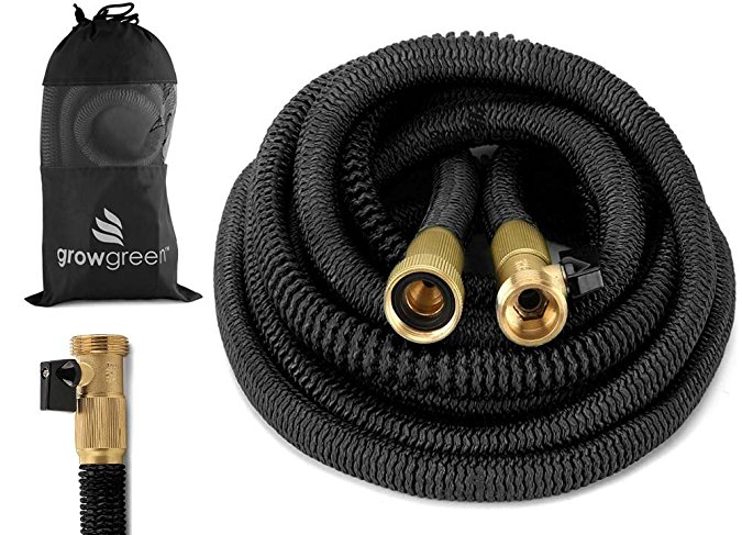 HEAVY DUTY {Improved Design} Expandable Hose Set, Strongest Garden Hose On Earth. With All Solid Brass Connector & 8-pattern Spray Nozzle,  Hose Hanger,   Storage Sack, by GrowGreen (25 Feet)