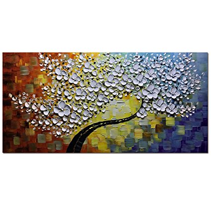 Asdam Art - White Maple Tree Abstract 3D Oil Paintings on Canvas Modern Home Decorations Artwork for Wall Decor (24X48 inch)