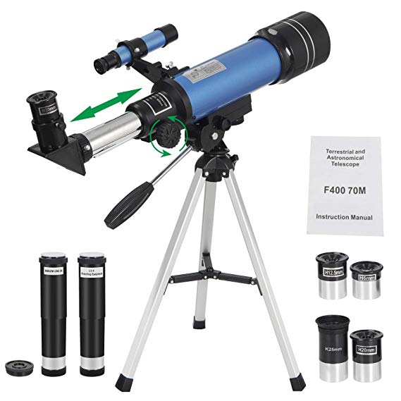 ZENY 70mm Refractor Telescope with Tripod & Finder Scope, 16X - 200X Magnification Travel Scope with 3 Magnification eyepieces & Moon Mirror Portable Telescope for Kids & Astronomy Beginners