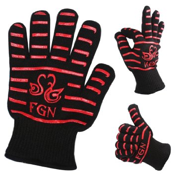 FGN the Double Oven Gloves with Fingers-932°f Heat Resistant-cut Resistant Gloves-high Performance Level 5 Protection-100% Cotton Lining-bbq Gloves,oven Mitts,baking,barbecue,microwave,smoking-black