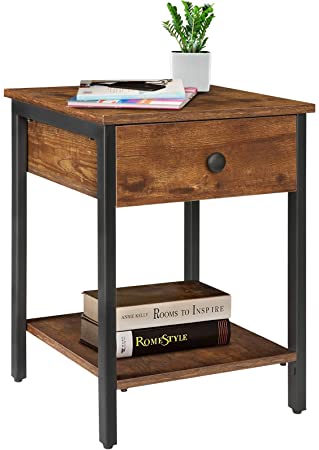 KINGSO Nightstands Industrial Side End Tables with Drawer and Storage Shelf 2 Tier Bedside Table Night Stand for Small Spaces Bedroom Wood Accent Furniture with Stable Metal Frame, Rustic Brown