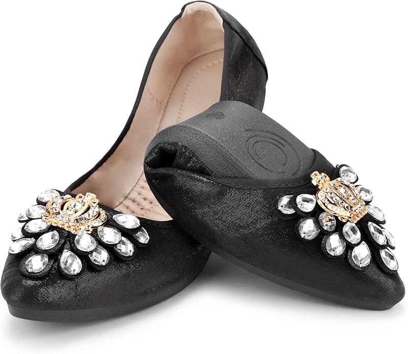 KUNWFNIX Women's Ballet Flats Foldable Classic Crown Rhinestone Slip On Flowers PU Leather Pointed Toe Comfort Flat Casual Dress Shoes