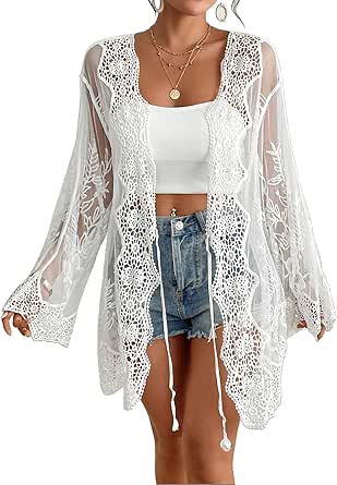 Bsubseach Kimonos for Women Lace Swimsuit Cover Ups Open Front Back Cut Out Beach Summer Cardigan
