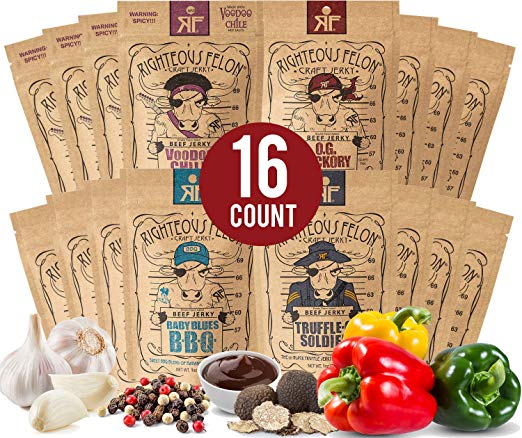 Righteous Felon Beef Jerky Bundle - Multi Variety Pack - Craft Beef Jerky High-Protein - Low-Sugar Healthy Snacks 16 Count