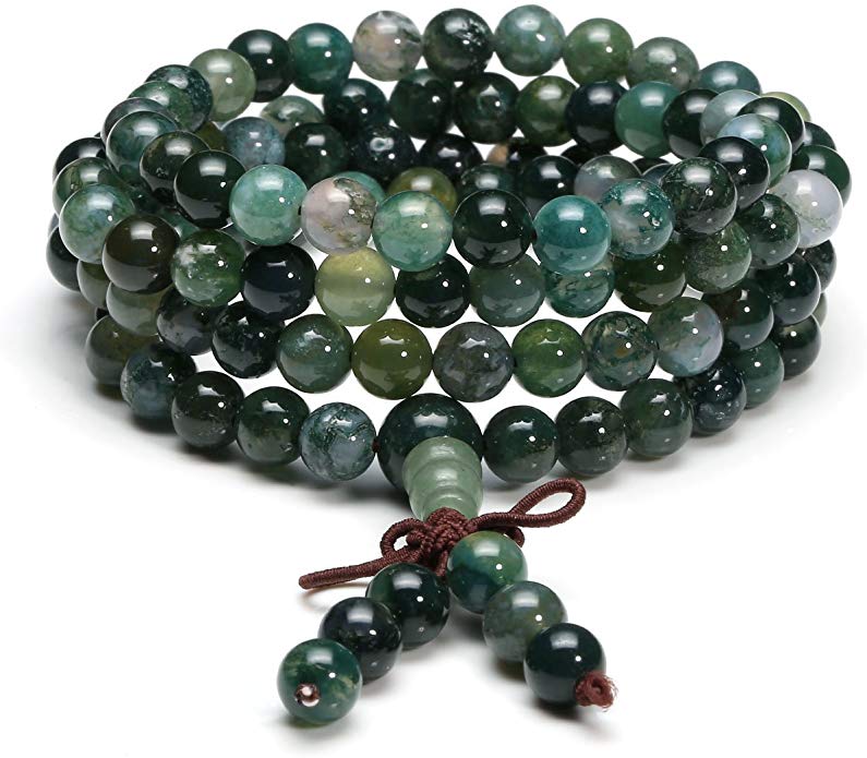 Jovivi 6mm 8mm Natural Moss Agate Stone Healing Gemstone 108 Mala Prayer Beads Stretch Bracelet Necklace
