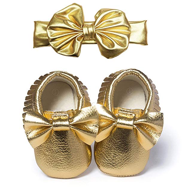 YOHA Infant Baby Girls PU Moccasins Bow Tassels Toddler Shoes with Elastic Bow Headband Set