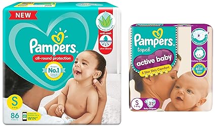 Pampers All round Protection Pants, Small size baby diapers (SM) 86 Count, Lotion with Aloe Vera & Active Baby Taped Diapers, Small size diapers, (SM) 22 count, taped style custom fit