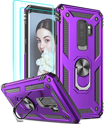 LeYi Compatible for Samsung Galaxy S9 Plus Case (NOT FIT S9) with [2 Pack] 3D Curved Screen Protector, [Military-Grade] Magnetic Ring Holder Kickstand Protective Phone Case for Samsung S9 Plus,Purple