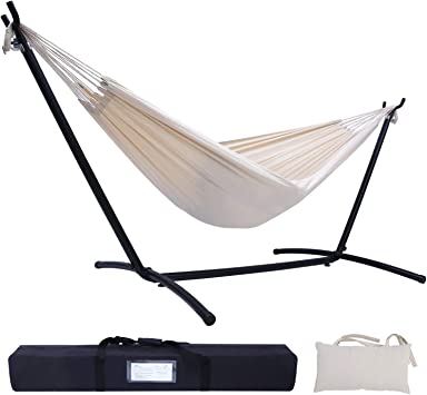 Hammock with Stand, Ohuhu Double Hammock with Space Saving Steel Stand & Pillow, 2-Person Hammock with Portable Carrying Bag for Outdoor Garden Yard Porch Patio & Indoor Space, 450 lb Capacity, Beige