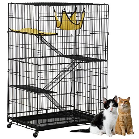 Yaheetech 4-Tier Cat Cage Playpen with 3 Ramp Ladders&4 Casters, Black