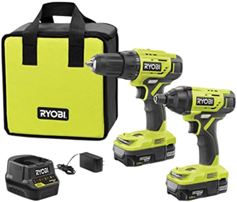 Ryobi P1817 18V ONE  Lithium-Ion Cordless 2-Tool Combo Kit with (2) 1.5 Ah Batteries, 18-Volt Charger, and Bag