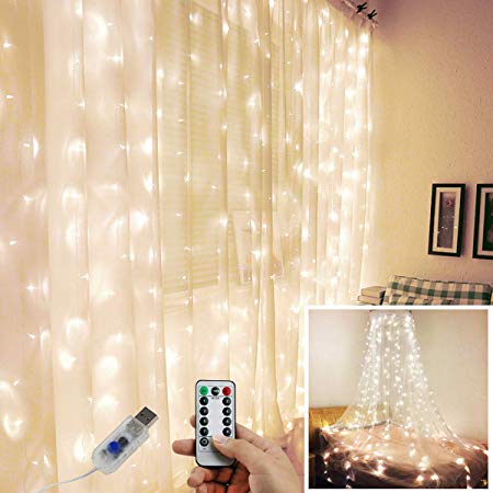 Juhefa Window Curtain Lights,USB Powered Fairy Lights String,IP64 Waterproof & 8 Modes Twinkle Lights for Christmas Tree Bedroom Wedding Holiday Wall Decorations (300 LEDs,9.8x9.8Ft,Daylight White)