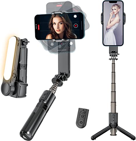 YENDILI Gimbal Stabilizer for Smartphone, Portable Selfie Stick Tripod with Remote 1-Axis Bluetooth Selfie Stick with Light for iPhone Android Phone Holder Gimbal with Auto Rotate Balance, Black