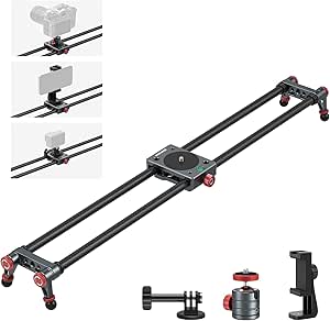 NEEWER 24in/60cm Carbon Fiber Camera Slider with 360° Ball Head/Phone Clamp/Action Camera Mount, Dolly Rail Track with 4 Bearings & Adjustable Legs, Compatible with GoPro Insta360 iPhone Android, CS2M