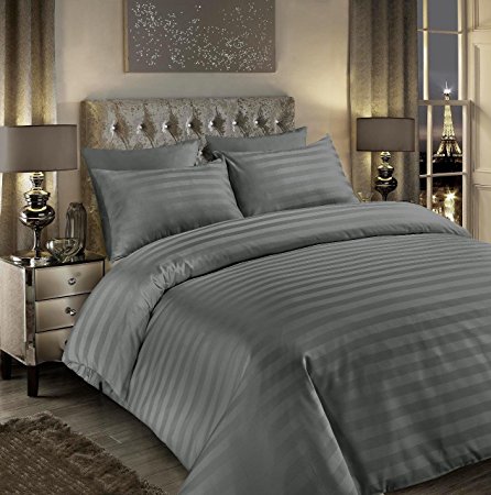 Sunshine Comforts® 100% Egyptian Cotton 500 Thread Count Satin Stripe Beautiful Duvet Cover Sets All Sizes (Double, Striped Grey)
