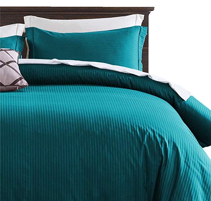 100% Damask Cotton Duvet Cover, Teal Blue Duvet Cover Queen Size, 400 Thread Count Sateen Weave, Luxury Pinstripe Pattern Royal Hotel Style Bedding, Silky Soft Breathable Durable and Skin Friendly