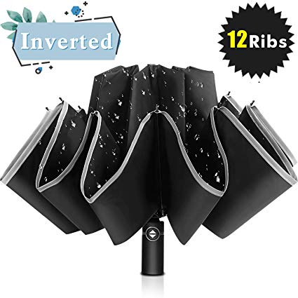 Bodyguard Inverted Umbrella, Windproof Umbrella, 12 Ribs Reverse Umbrella with Reflective Stripe, Teflon Umbrella in Rain and Sun for Women and Men