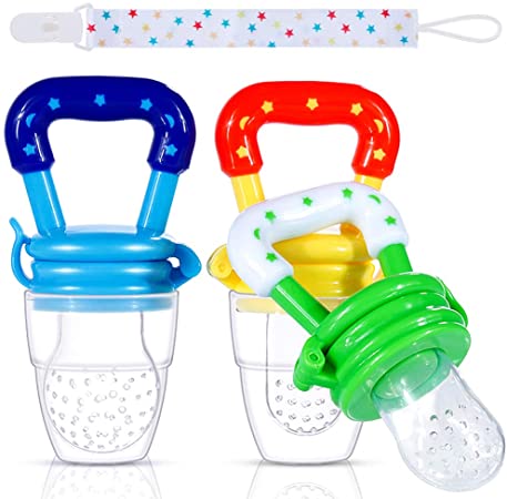 Faburo 4pcs Baby Food Fresh Fruit Feeder Pacifier Set: 3pcs Pacifier Feeder Teething Toy Teether and 1pcs Pacifier Clips