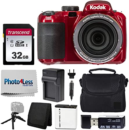 Kodak PIXPRO AZ421 Digital Camera (Red)   Point & Shoot Camera Case   Transcend 32GB SD Memory Card   Extra Battery & Charger   USB Card Reader   Table Tripod   Accessories