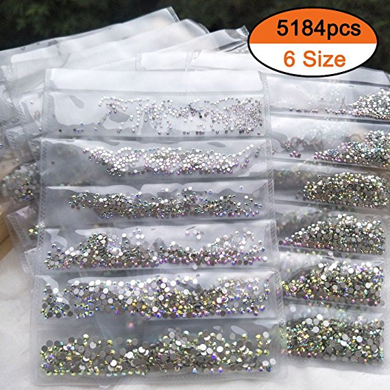 Deal 5184pcs 1.3mm-2.8mm AB Rhinestones Nail Crystals Nail Art Rhinestones Round Flatback Glass Gems Stones Beads for Nails Decoration Crafts Eye Makeup Clothes Shoes Mix 6 Size SS3-SS10