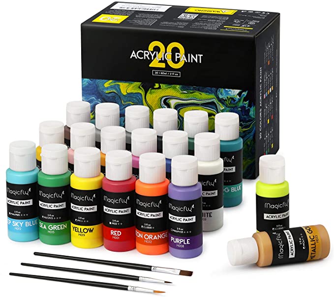 Magicfly 20 Colors Acrylic Paint Set (2fl oz/60ml Each), Professional Grade Paints with 3 Brushes, Multi-Surface Paint on Canvas, Paper, Wood, Stone, Ceramic & Model